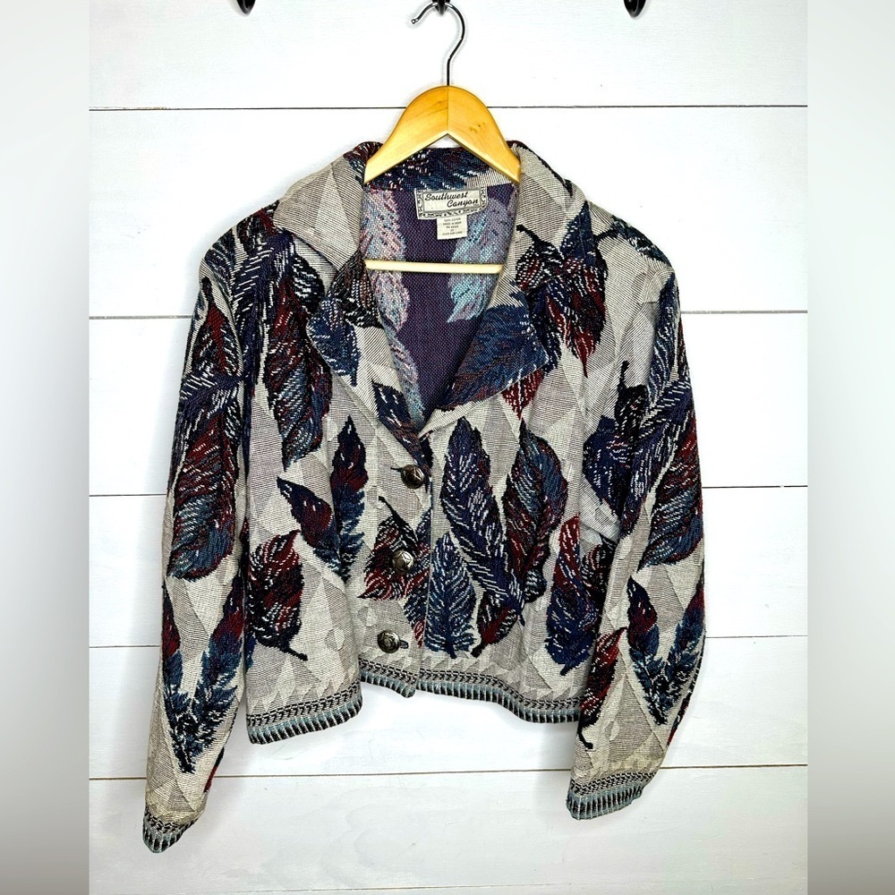 Southwest Canyon Womens 2X Tapestry Jacket Feather Print Western Boho Overshirt